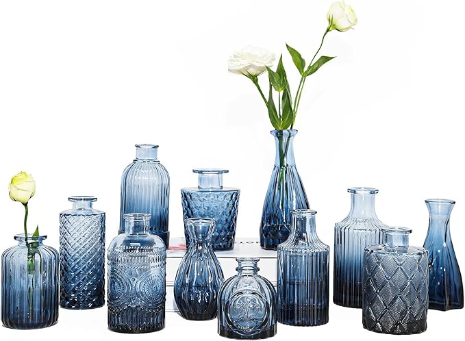 12Pcs Blue Glass Bud Vases Set