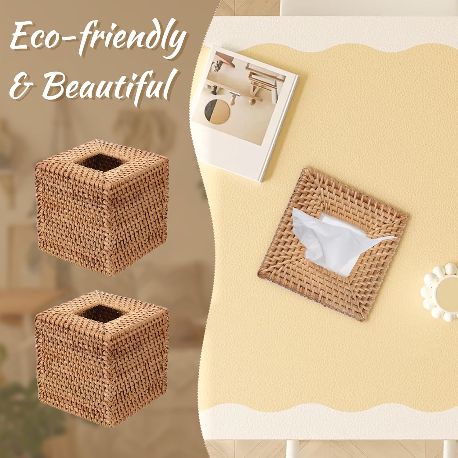 2 Pcs Rattan Tissue Box Cover Natural Woven