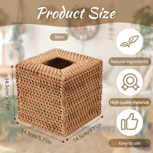 2 Pcs Rattan Tissue Box Cover Natural Woven